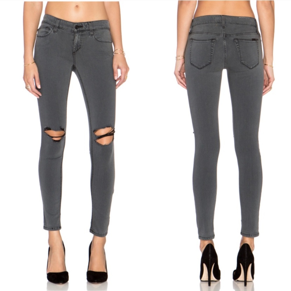 Joe’s jeans black Finn skinny ankle mid rise distressed raw hem jeans size 25